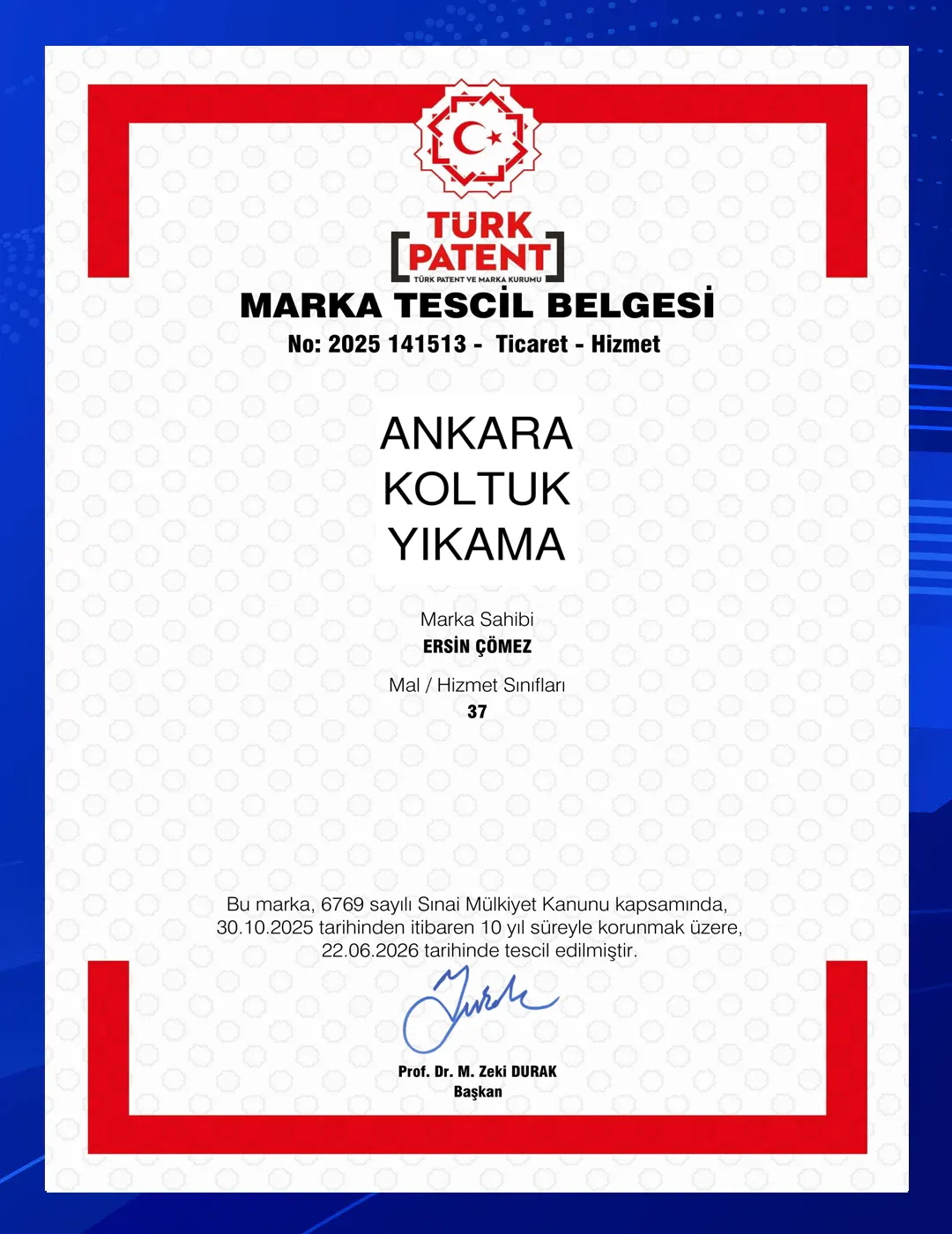 Ankara Koltuk Yıkama Marka Tescil Belgesi