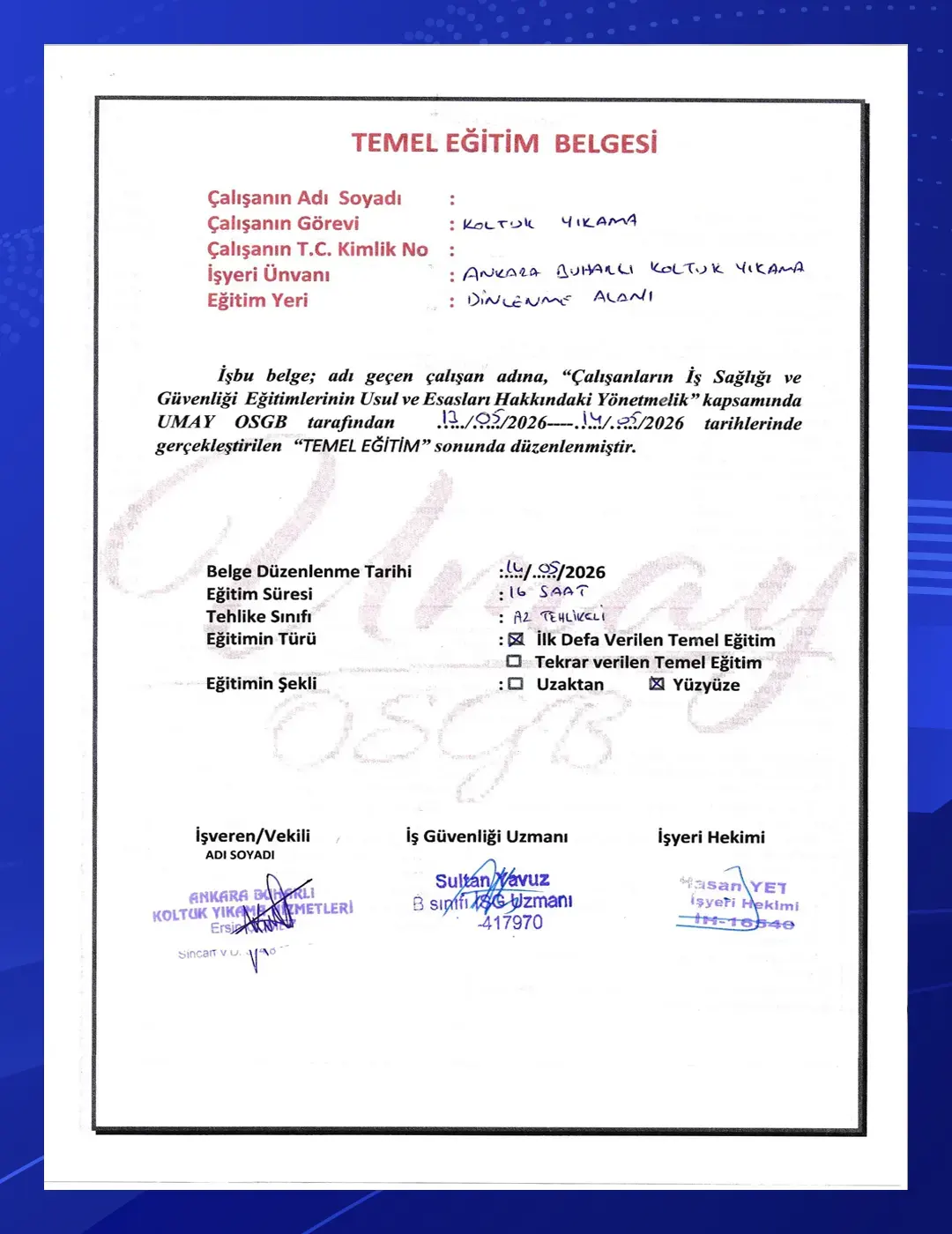 İş Sağlığı ve Güvenliği Temel Eğitim Belgesi